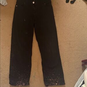 H&M Black Straight Leg Jeans with Multicolor Paint-Splatter Hem